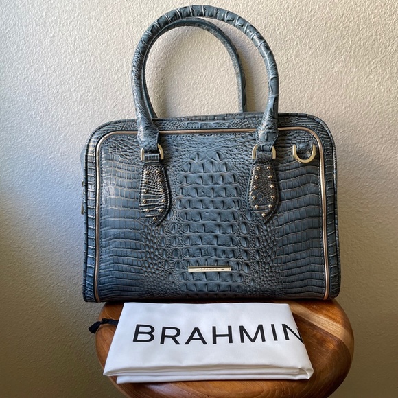 Brahmin Blue Bag + Wallet Marissa Satchel & Ady Wallet Slate Blue & Gold Leather - Picture 3 of 16